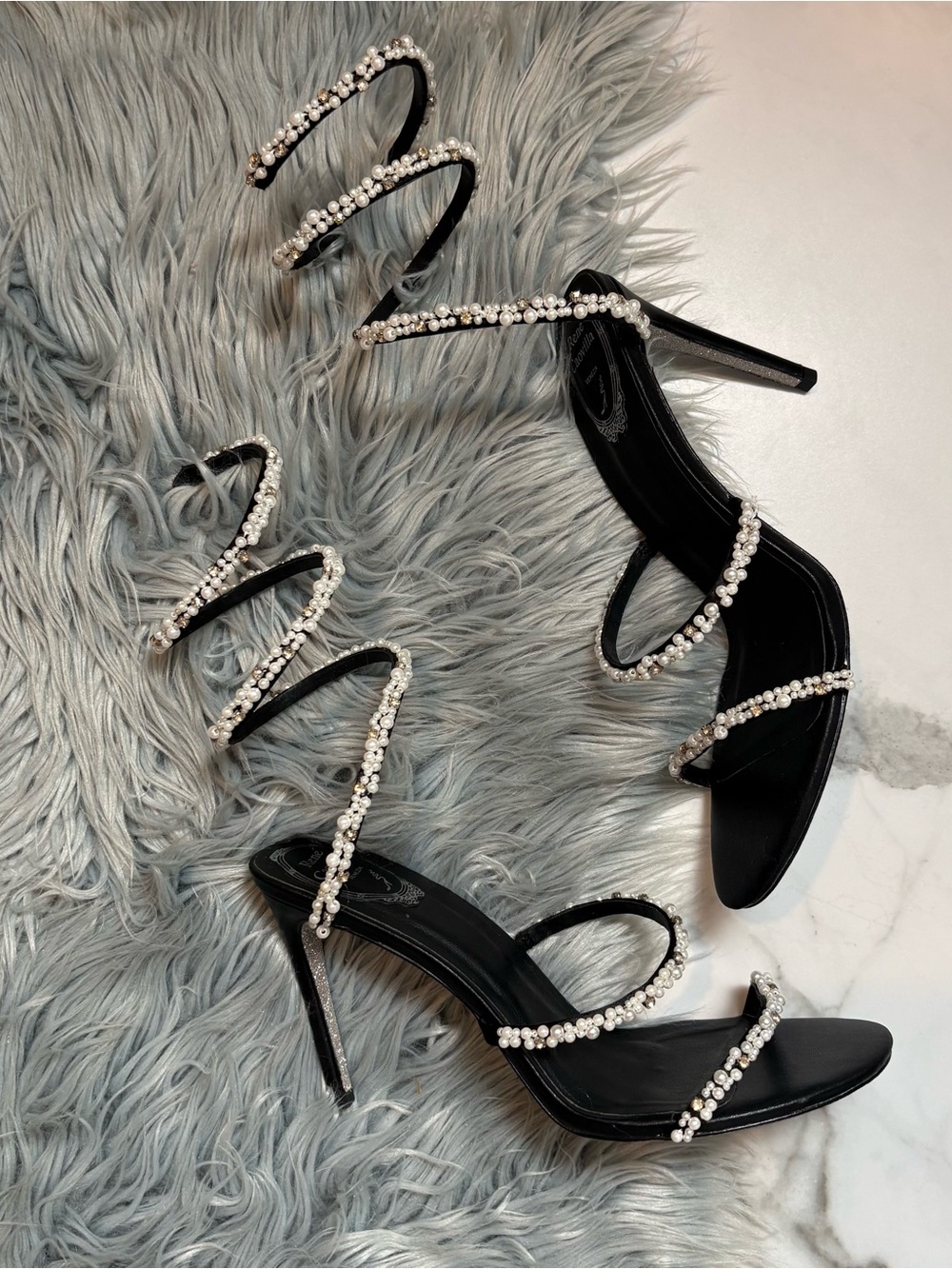 Rene Caovilla pearl rhinestone embellished wrap around spiral leather heels 42